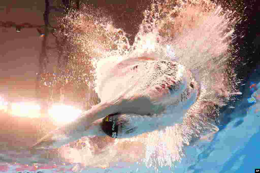 Carles Coll Marti of Spain competes in the men&#39;s 200-meter breaststroke heat at the World Aquatics Championships in Doha, Qatar.