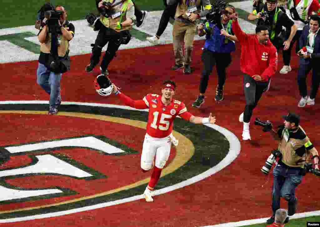 Kansas City Chiefs&#39; Patrick Mahomes celebrates after winning the NFL Super Bowl 58 football game against the San Francisco 49ers, Feb. 11, 2024, in Las Vegas, Nevada. The Chiefs won 25-22 in overtime.