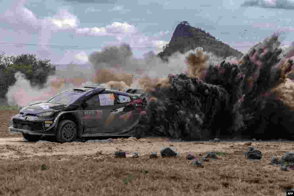 Toyota Gazoo Racing WRT&#39;s Japanese driver Takamoto Katsuta steers his Toyota GR Yaris Rally1 Hybrid with Irish co-driver Aaron Johnston during the World Rally Championship (WRC) Safari Rally Kenya Special Stage 13 (SS13) in Gilgil, March 30, 2024.&nbsp;
