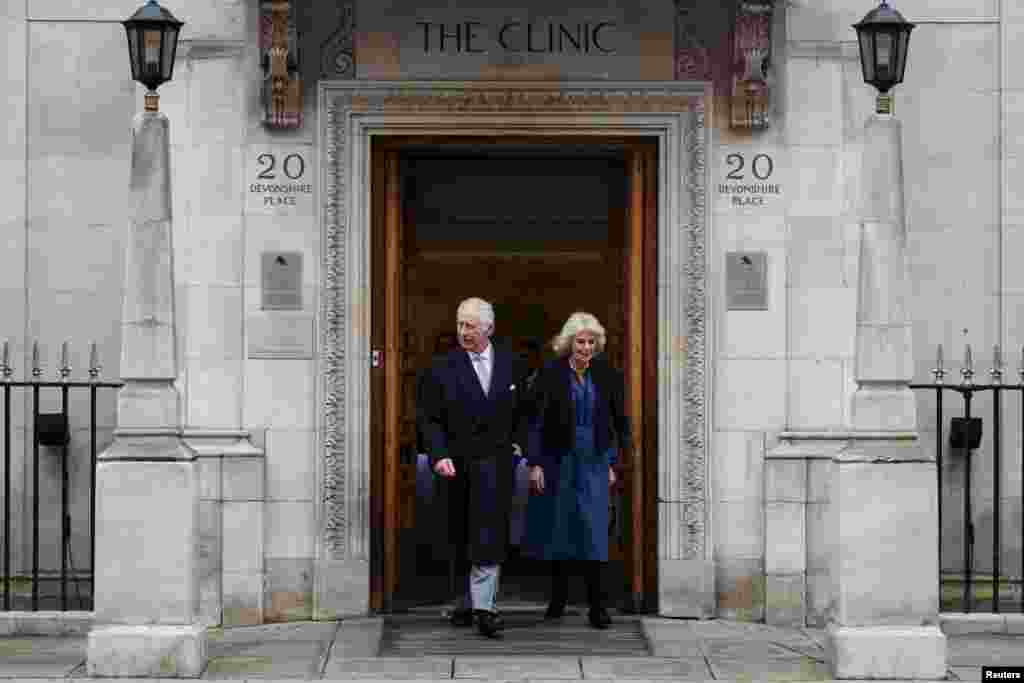 Britain&#39;s King Charles leaves the London Clinic with Queen Camilla after receiving treatment for an enlarged prostate in London.