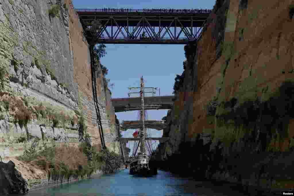 The &ldquo;Belem&rdquo;, a three-masted sailing ship that carries the Olympic Flame from Greece to Marseille in France, sails after crossing the Corinth Canal, following the handover ceremony for the Paris 2024 Olympics, in Corinth, Greece.