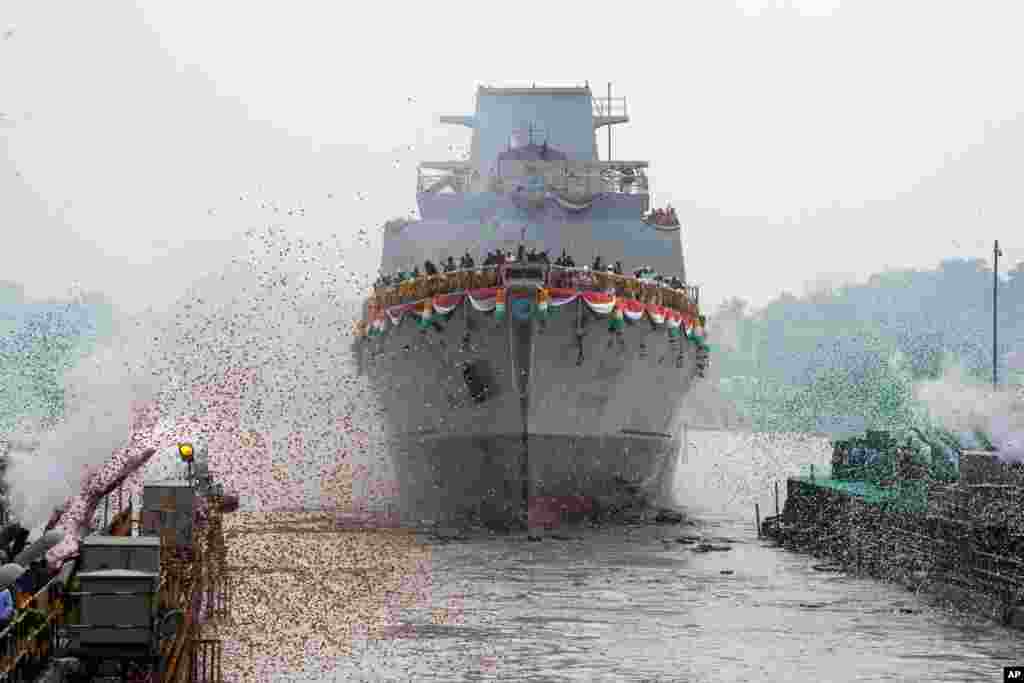 Indian President Droupadi Murmu (not shown) launches&nbsp;NS Vindhyagiri, a P17A series warship built by the Garden Reach Shipbuilders and Engineers, in Kolkata.