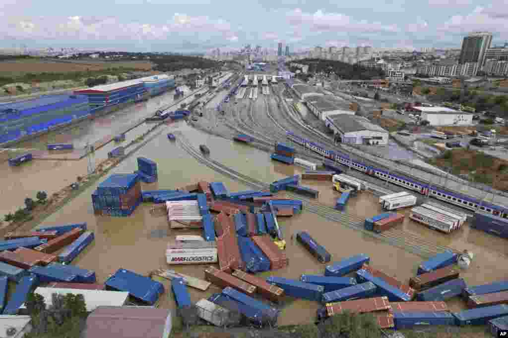 Containers are scattered next to a train station on the aftermath of floods caused by heavy rains in Istanbul, Turkey.&nbsp;Fierce rainstorms battered neighboring Greece, Turkey and Bulgaria, triggering flooding that caused at least seven deaths, including two holidaymakers swept away by a torrent that raged through a campsite in northwestern Turkey.&nbsp;