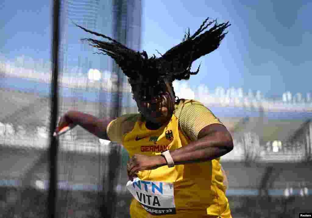 Germany&#39;s Claudine Vita competes in the women&#39;s discus throw during the World Athletics Championship at the National Athletics Center in Budapest, Hungary.