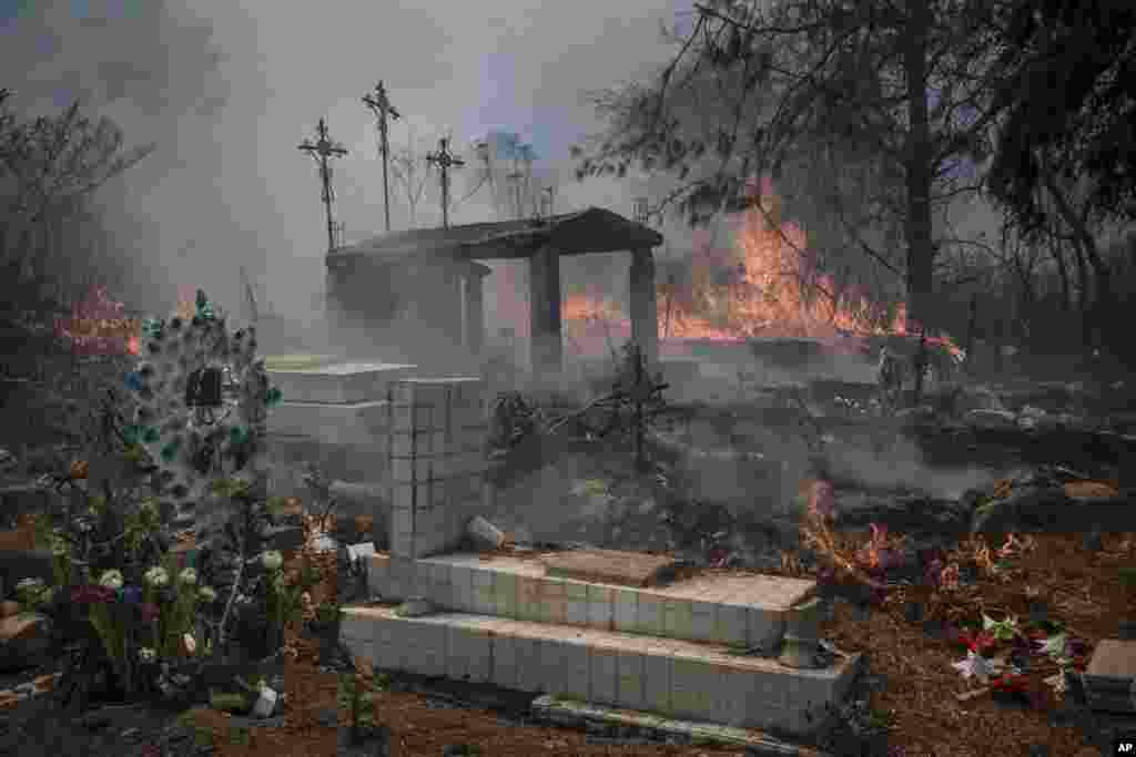 Wildfires burn parts of a cemetery in Nogales, Mexico, March 25, 2024.&nbsp;Emergency crews are working to contain wildfires burning across parts of the High Mountains area in Veracruz state.