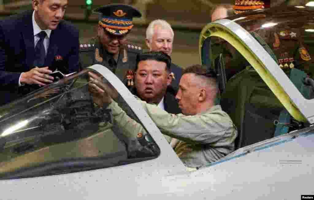 North Korean leader Kim Jong Un visits an aircraft manufacturing plant in the city of Komsomolsk-on-Amur in the Khabarovsk region, Russia. (Courtesy Governor of Russia's Khabarovsk Krai Mikhail Degtyarev Telegram Channel via Reuters)