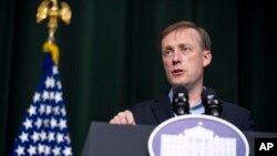 White House national security adviser Jake Sullivan speaks at a news conference Aug. 18, 2023. 