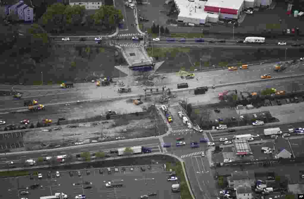 This aerial view looking east shows demolition crews working to finish removing the Fairfield Avenue bridge over Interstate 95, May 4, 2024 in Norwalk, Connecticut.&nbsp;The tanker truck burst into flames under the overpass after colliding with two other vehicles.