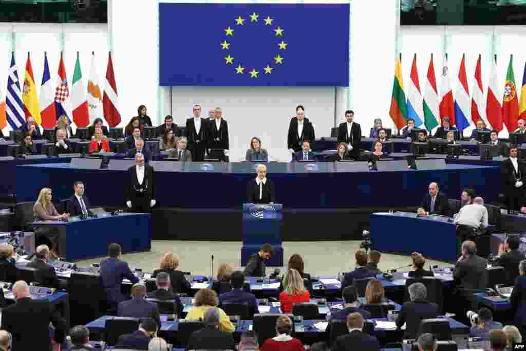 Yulia Navalnaya, widow of Kremlin opposition leader Alexei Navalny who died on Feb. 16 in a Russian prison, addresses the European Parliament in Strasbourg, eastern France. Navalny&#39;s funeral service will be held at a church in southern Moscow on March 1, 2024, allies of the politician said.