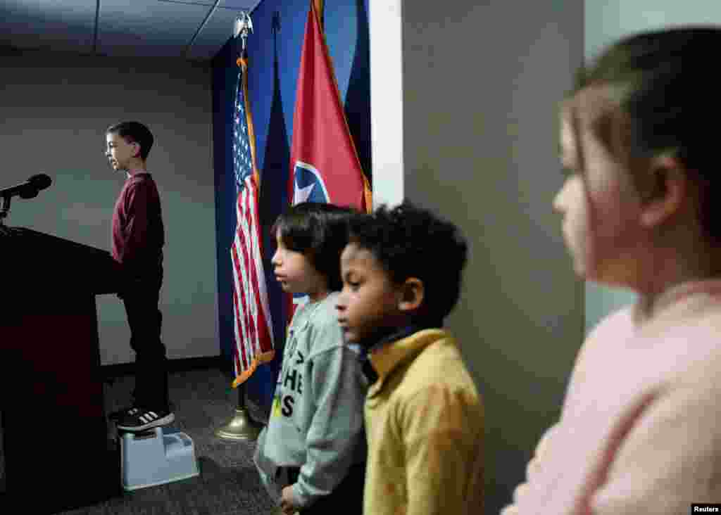 A boy speaks on gun violence and urges lawmakers to use their power to make changes ahead of the start of the 2024 legislative session in Nashville, Tennessee, Jan. 9, 2024,&nbsp;months after the covenant school shooting and protests rocked the state capitol.
