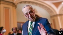 Kreu i shumicës demokrate në Senat, Chuck Schumer, duke folur me gazetarët (5 prill 2022)