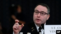 National Security Council aide Lt. Col. Alexander Vindman testifies before the House Intelligence Committee on Capitol Hill in Washington, Nov. 19, 2019. 