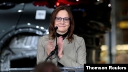 FILE PHOTO: General Motors Chief Executive Officer Mary Barra announces a major investment focused on the development of GM future technologies at the GM Orion Assembly Plant in Lake Orion,